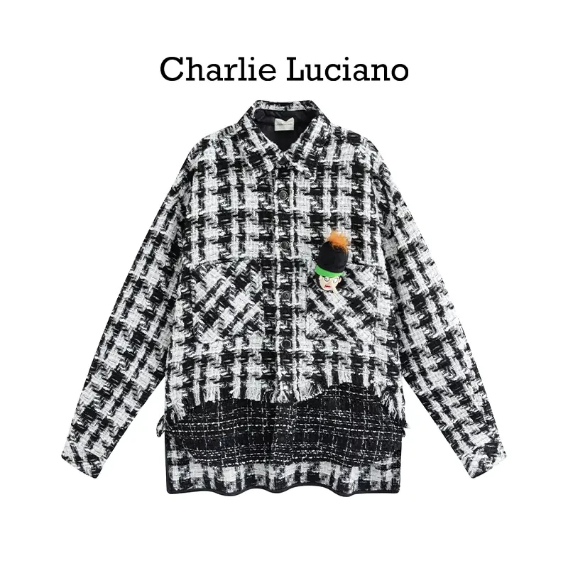 CharlieLuciano时尚百搭格子小香风匹诺曹玩偶粗花呢拼接衬衫
