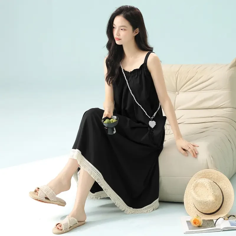 芬腾女士吊带睡裙夏季薄款纯棉带胸垫睡衣裙女款大码连衣裙家居服