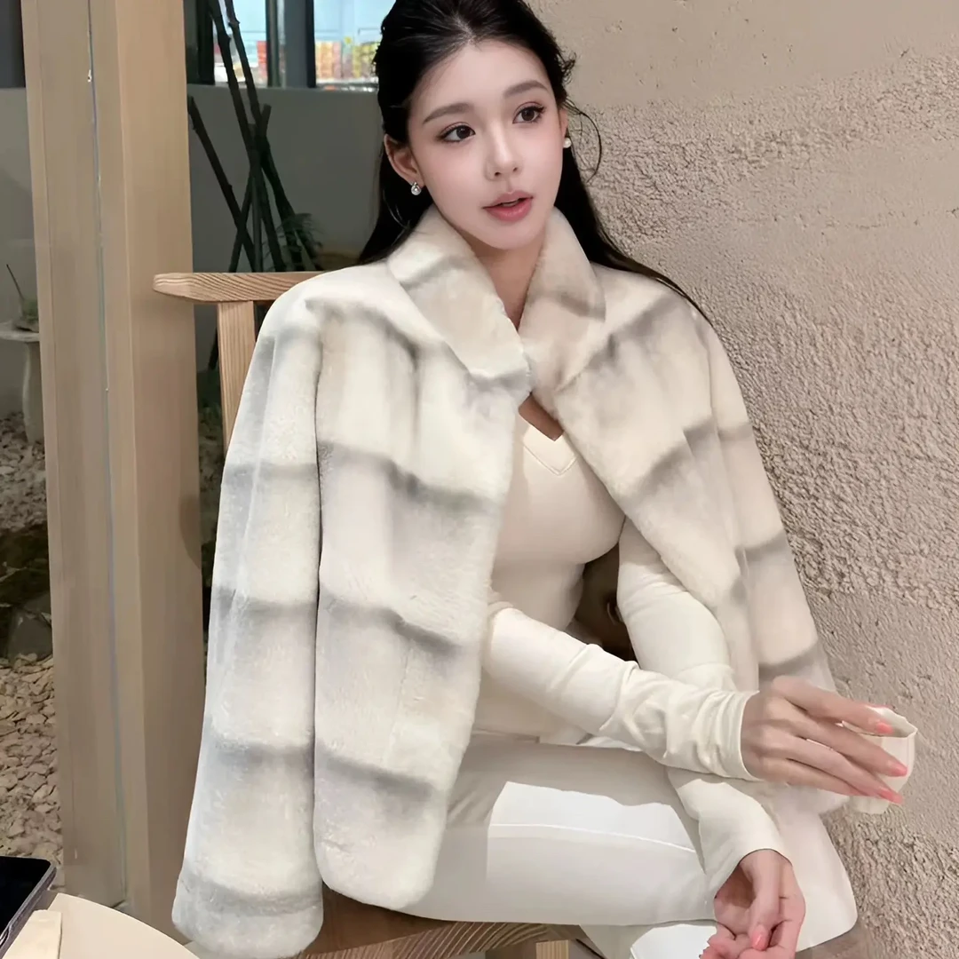 人造皮草 雪山晕染龙猫立领仿獭兔毛短款立领宽松外套 显瘦高级