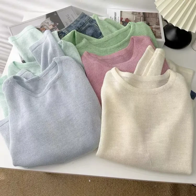含麻透气柔软多巴胺圆领套头针织罩衫女春夏宽松洋气净版百搭上衣
