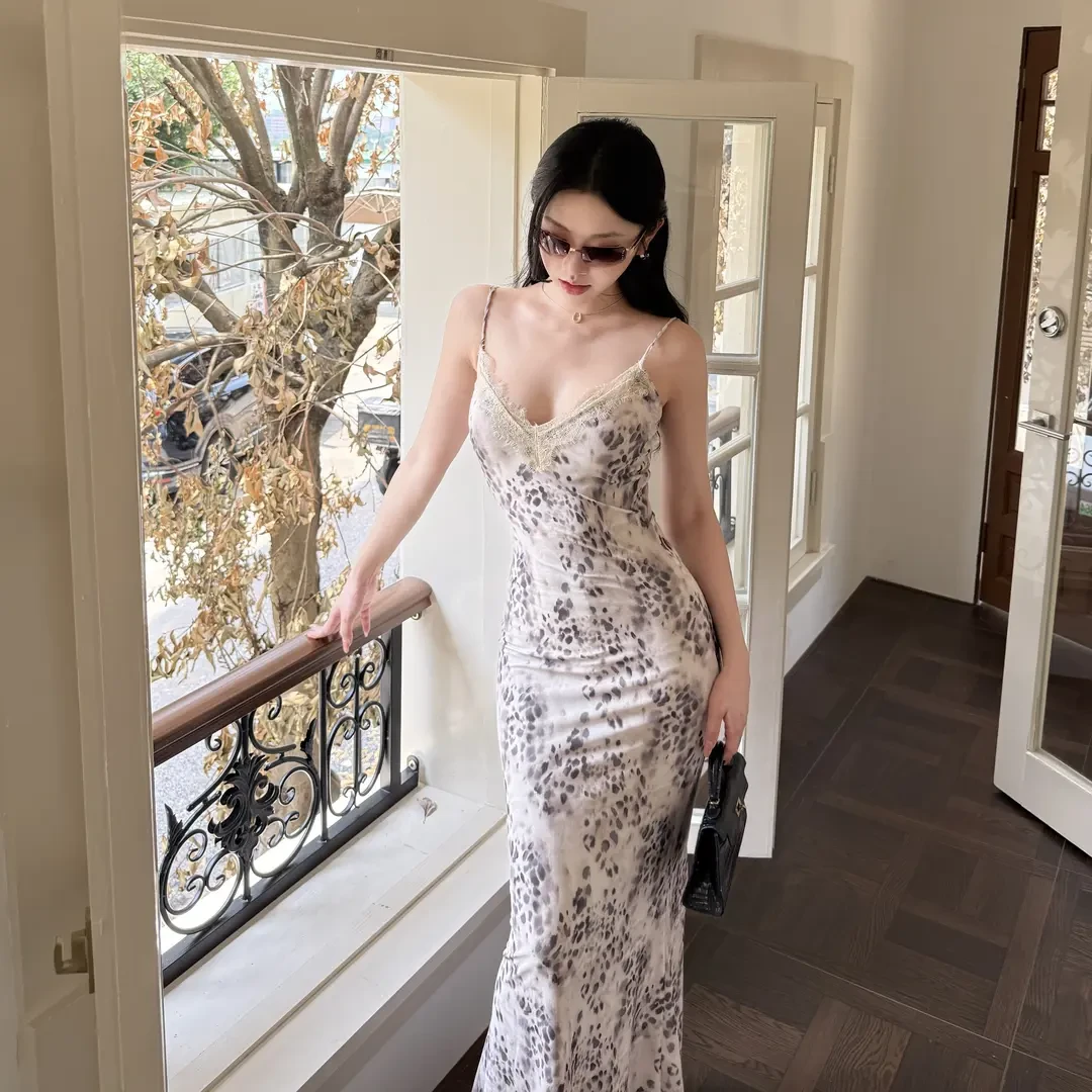 KaDaiShan【野性魅力】蕾丝豹纹吊带连衣裙夏季纯欲气质性感长裙女