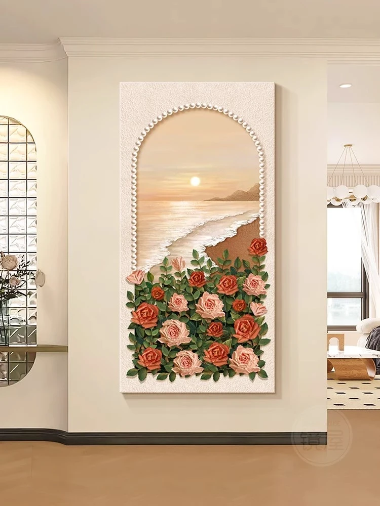 法式奶油风玫瑰花卉沙发背景玄关装饰画高级感复古美式壁画80120