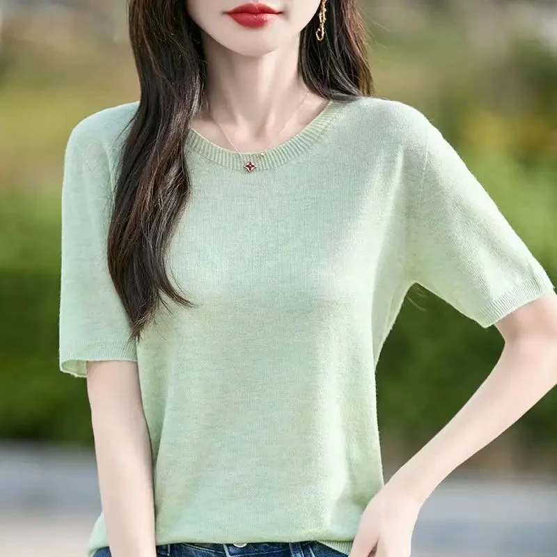 【一线成衣】夏季新款精纺羊毛针织纯色圆领短袖时尚百搭宽松显瘦