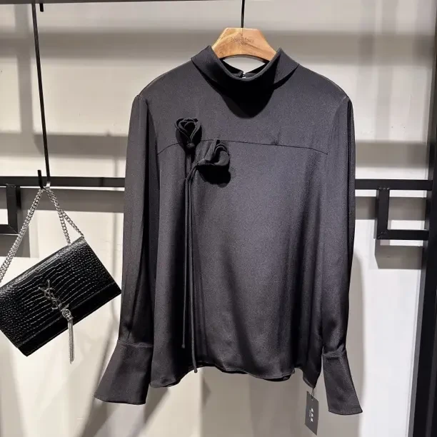 立领玫瑰花设计长袖重磅蚕丝衬衫衬衣高级感穿搭