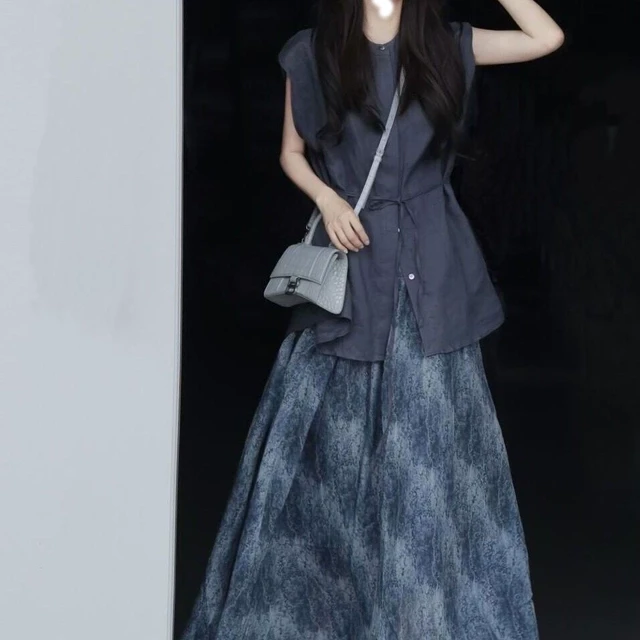 套装裙女夏2025新款设计感韩系坎肩系带衬衫复古洋气半身裙两件套