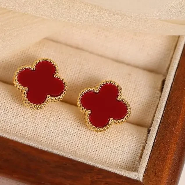 925银耳饰 【欣亿】铜合金925银针丝绒质感红色幸运耳饰