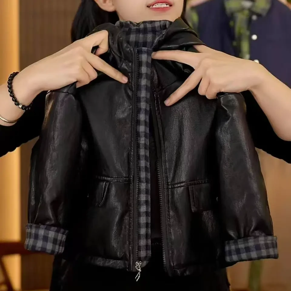 幂姐同款儿童皮衣外套2025新款秋冬季软上衣加绒加厚皮衣夹克