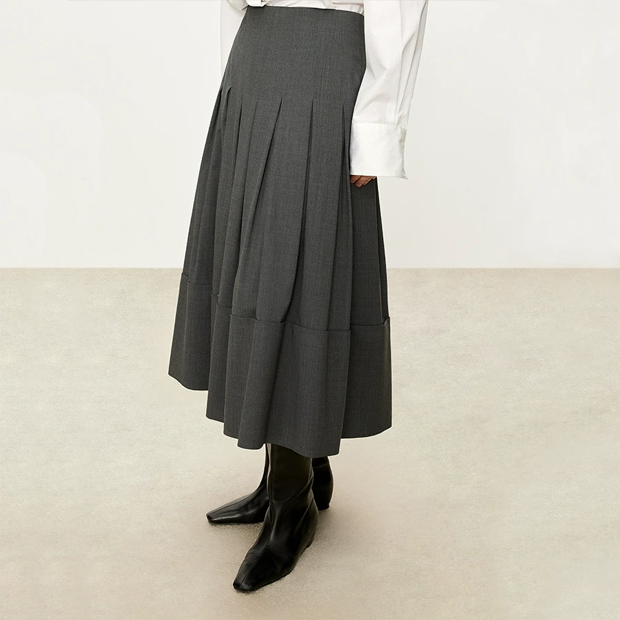 CHICJOC意大利M家可机洗羊毛 复古解构双层下摆_帅气遮胯百褶伞裙