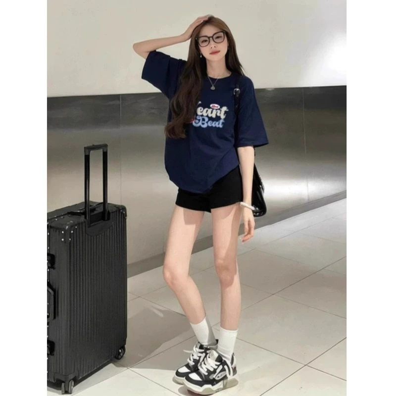 藏蓝色短袖t恤2025新款爆款夏季纯棉宽松韩版上衣设计感小众女