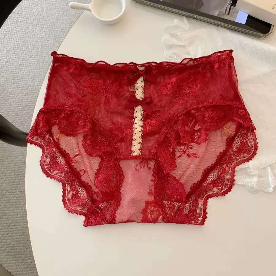 花影雾纱~性感蕾丝中高腰内裤女士纯欲透气棉档包臀三角裤女830