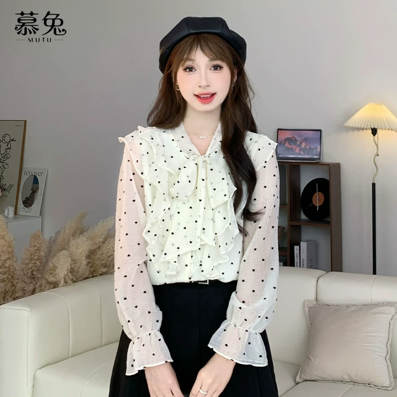 慕兔法式荷叶边波点雪纺衬衫女早秋季2024新款设计感小众长袖上衣
