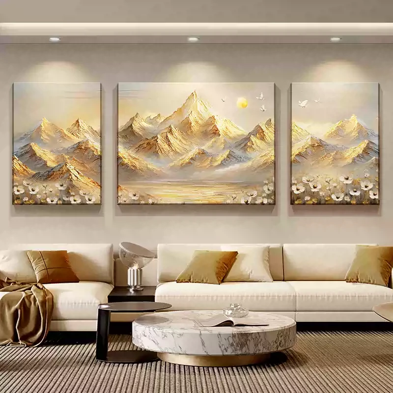 高级感日照金山客厅装饰画轻奢大气山水肌理画沙发背景墙三联挂画