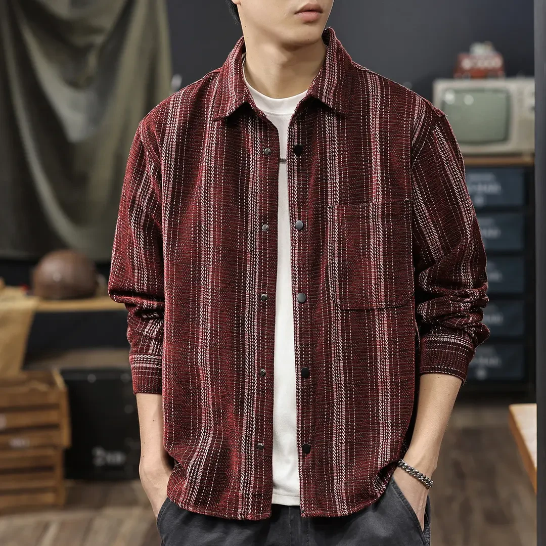 美式覆古雪尼尔条纹长袖衬衫男2025秋季新款宽松大码休闲衬衣外套