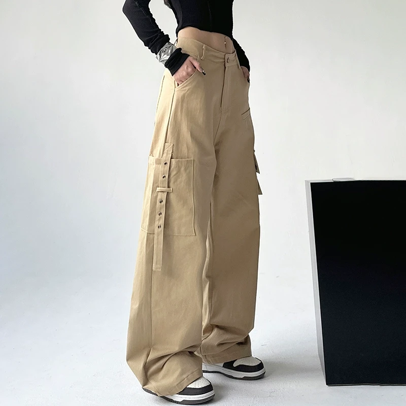 卡其色工装裤女2023新款秋装显瘦阔腿裤嘻哈高个子女款早秋休闲裤