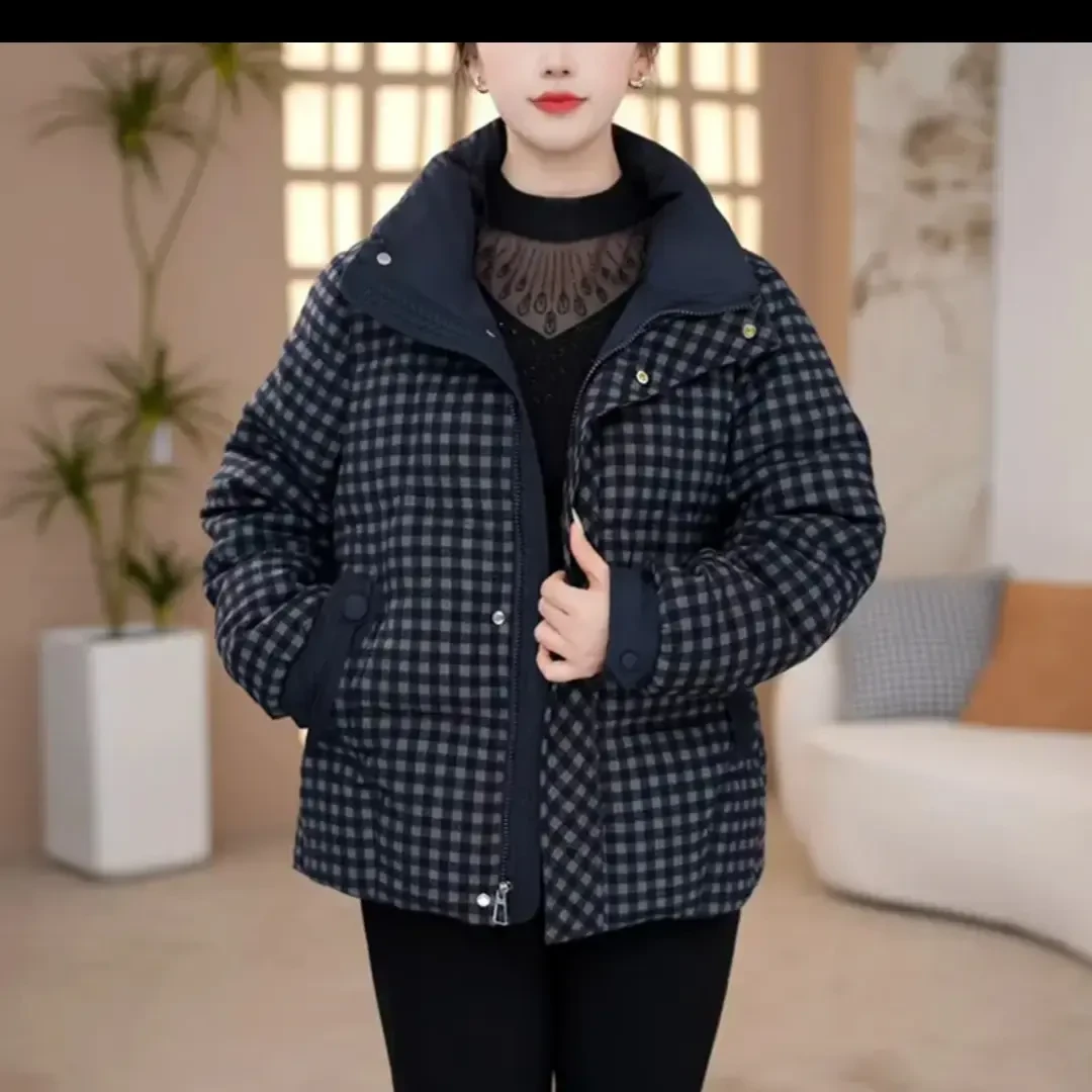 女士秋冬复古细格子立领短款加厚保暖休闲时尚棉服外套
