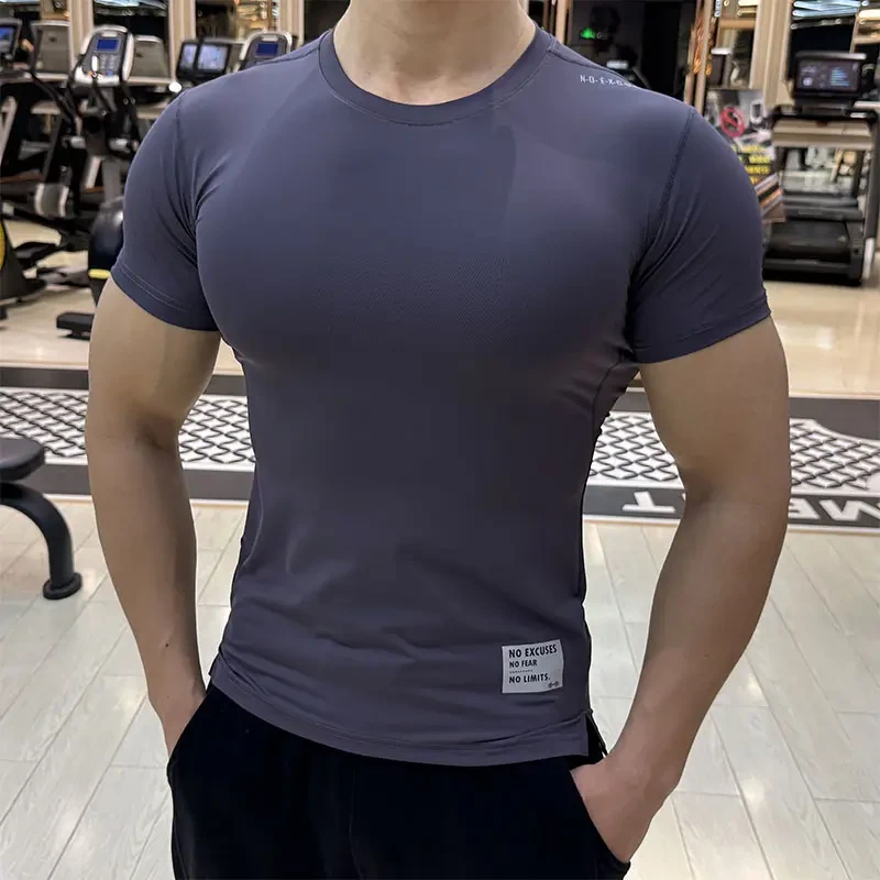 冰丝短袖男士透气高弹力速干T恤跑步健身训练服运动紧身衣打底衫