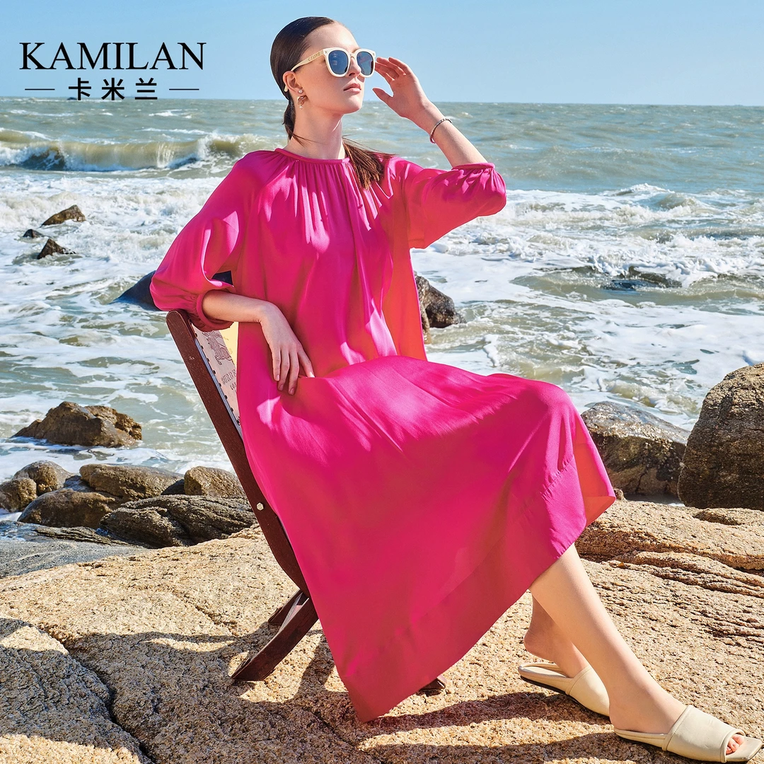 [桑蚕丝]卡米兰度假真丝连衣裙女2025春夏新款中长款七分袖a字裙