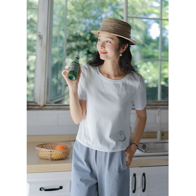 红念白色棉质圆领T恤女短袖百搭休闲气质夏季2025年新款女装上衣