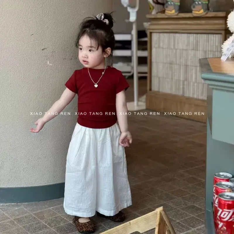 女童夏装套装2025新款儿童设计感纯棉后背镂空绑带短袖T恤休闲裤