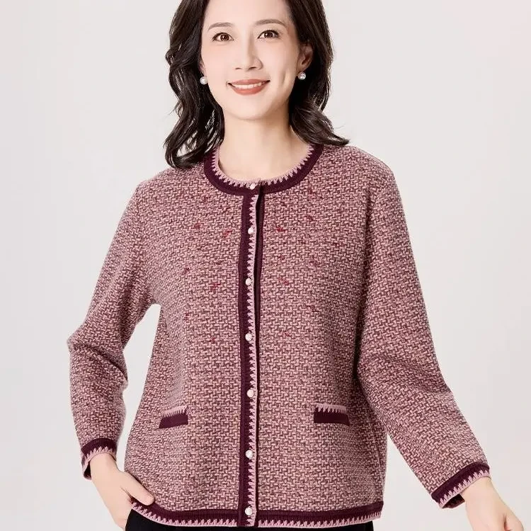 老美华春季女士红色优雅撞色加小加大休闲精致针织衫421208001