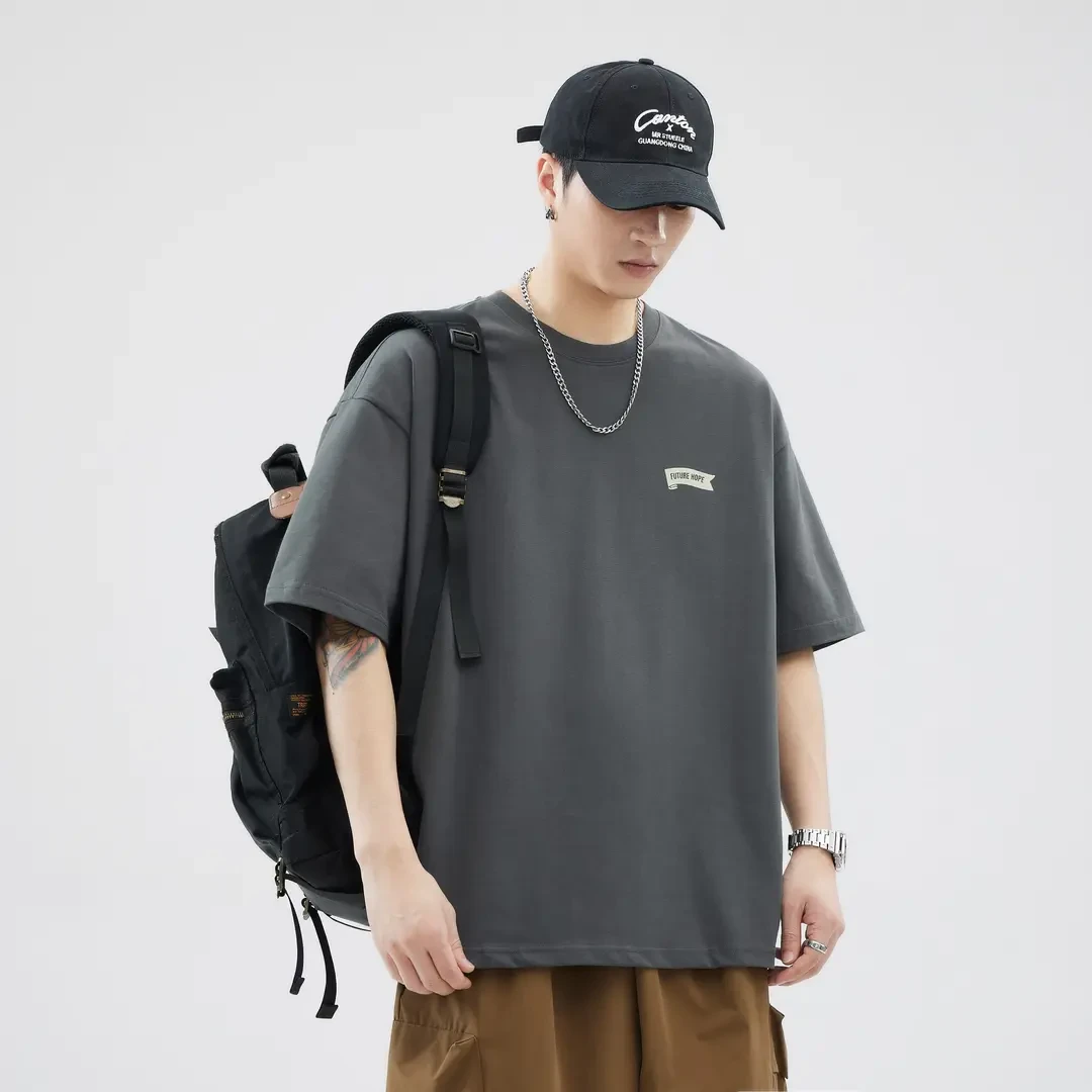 2025新款重磅夏季男士棉盖丝休闲短袖宽松潮流圆领印花T恤