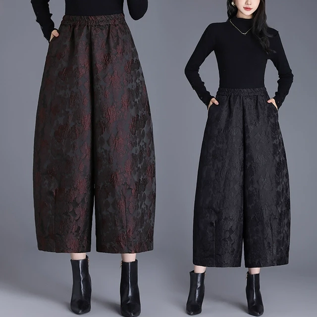 高档浮雕提花阔腿裤女秋冬新款加绒大码九分花苞裤休闲靴裤好质量