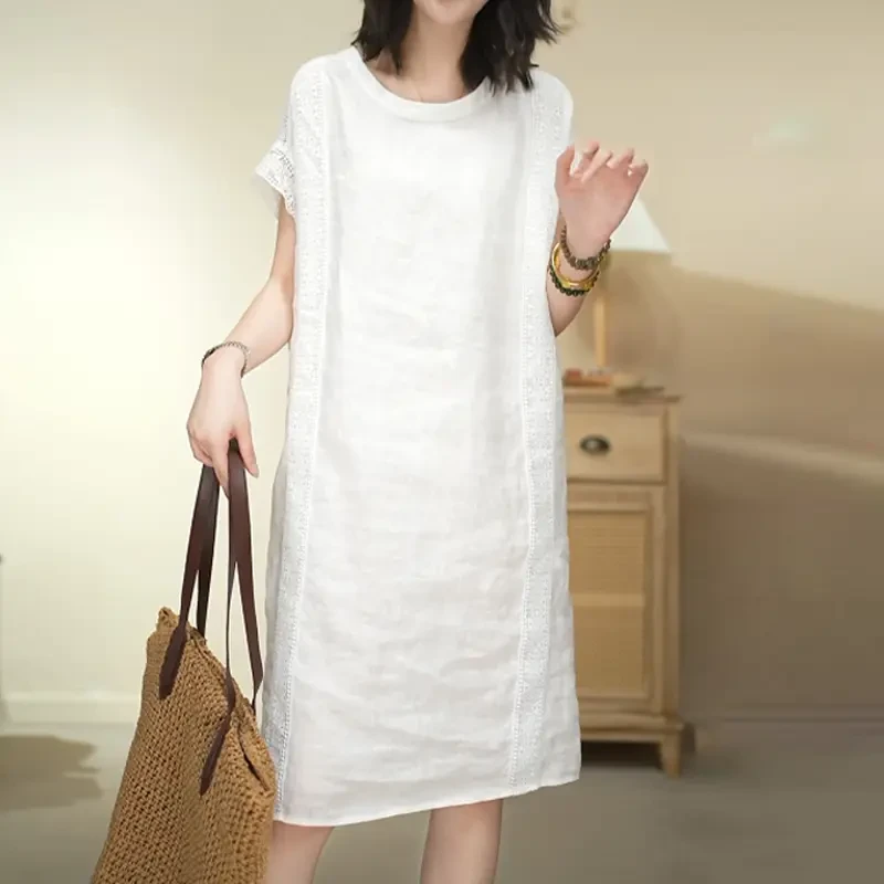 简约风气质镂空圆领短袖连衣裙女夏季时尚轻薄透气舒适显瘦中长裙