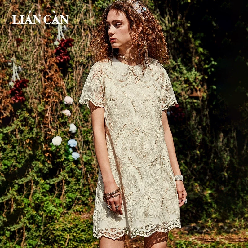 莲灿2025春夏新商场同款荷叶领绣花雪纺蕾丝短袖连衣裙7121220005