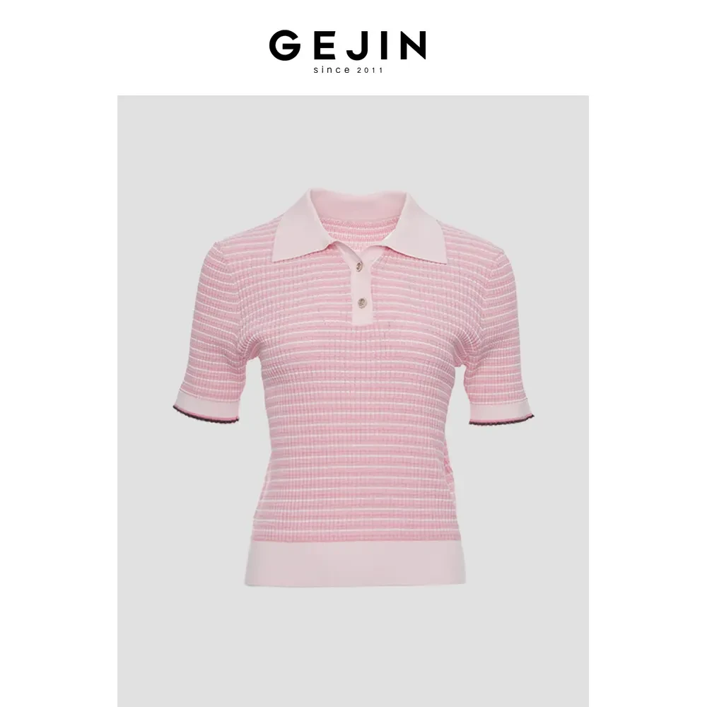 GEJIN/歌锦2025夏季新款时尚宽松翻领撞色针织短袖9232560236
