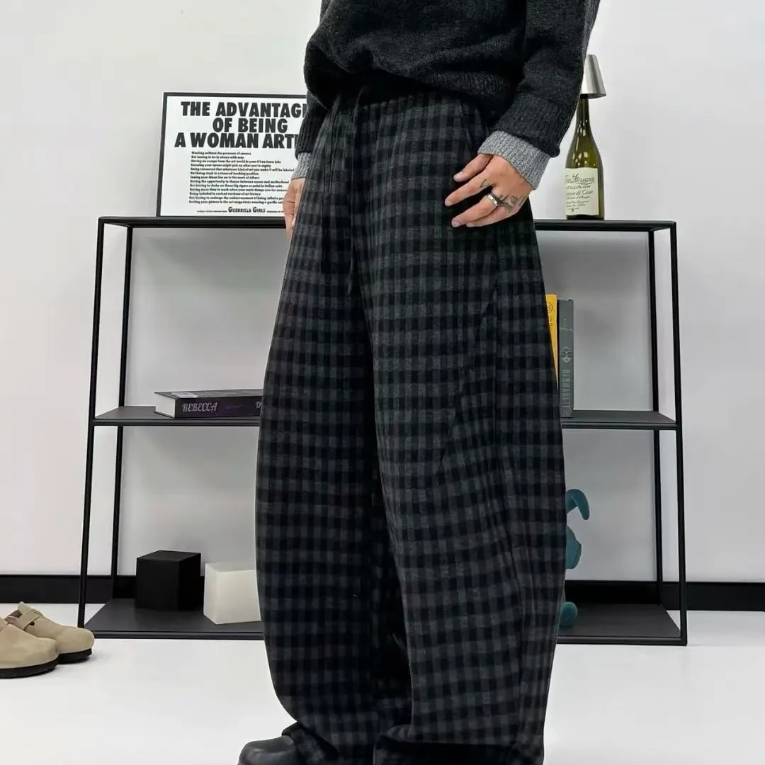 秋冬复古羊毛格子弯刀阔腿裤高腰宽松休闲直筒拖地裤