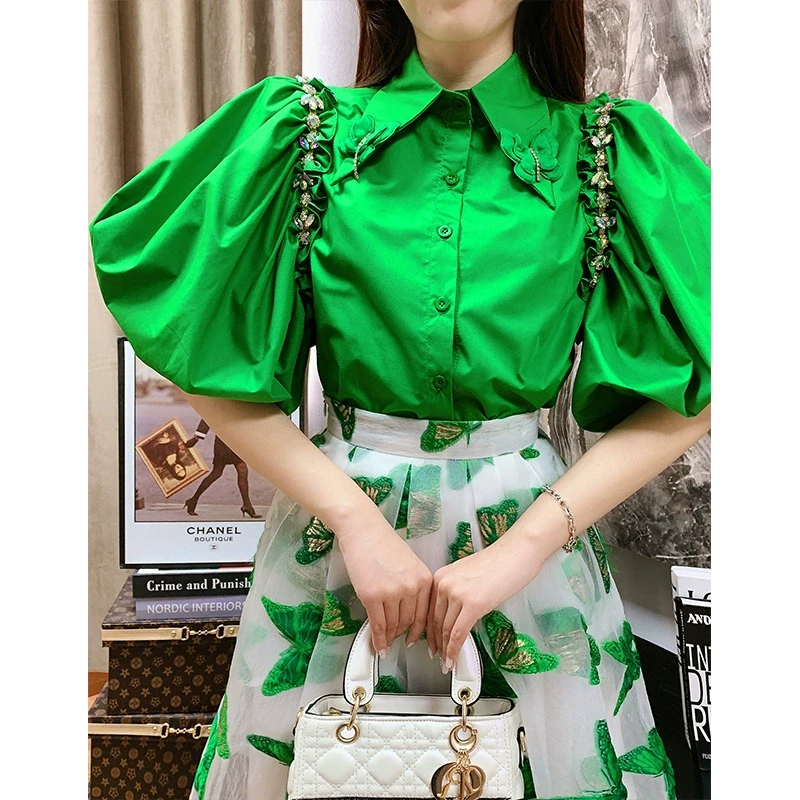 芙娜妮法式设计感绿色衬衣女春季时尚百搭半裙套装F2311645A