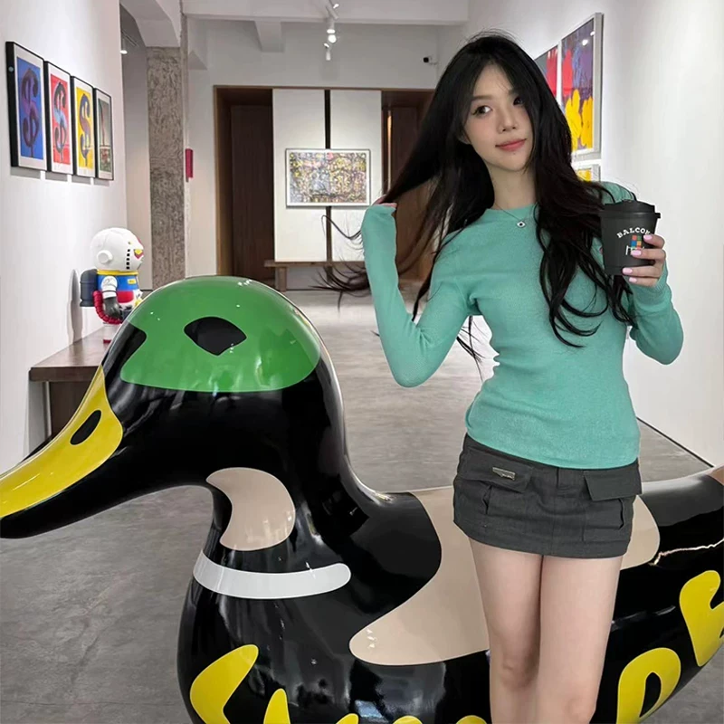 2024年春秋螺纹修身套头设计薄荷绿打底针织衫女圆领正肩长袖上衣