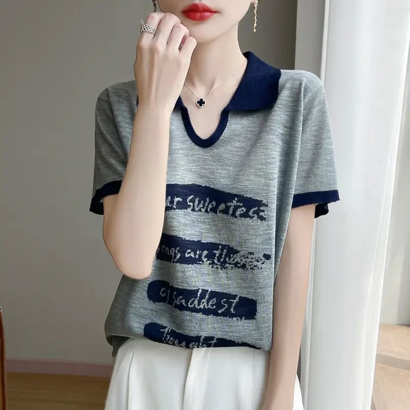夏季新款竹节麻剪刀翻领拼色字母针织短袖洋气百搭时尚宽松显瘦