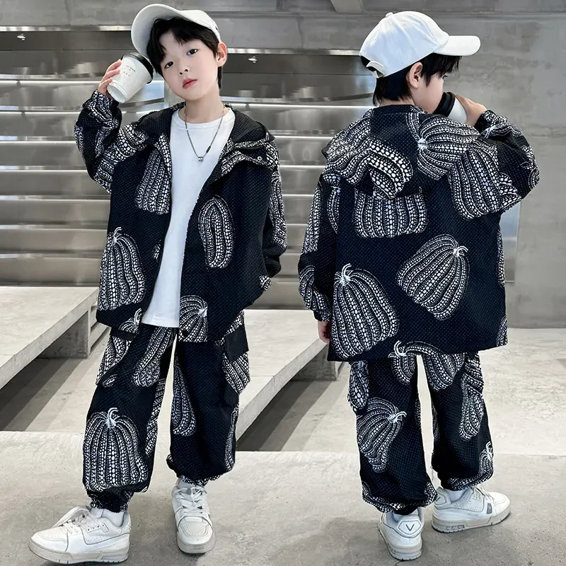 男童秋装南瓜套装2025新款儿童时髦网红春秋款男孩酷帅运动两件套
