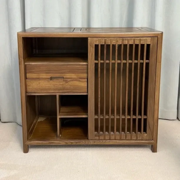 老榆木黑胡桃木新中式茶水柜烧水壶一体置物柜