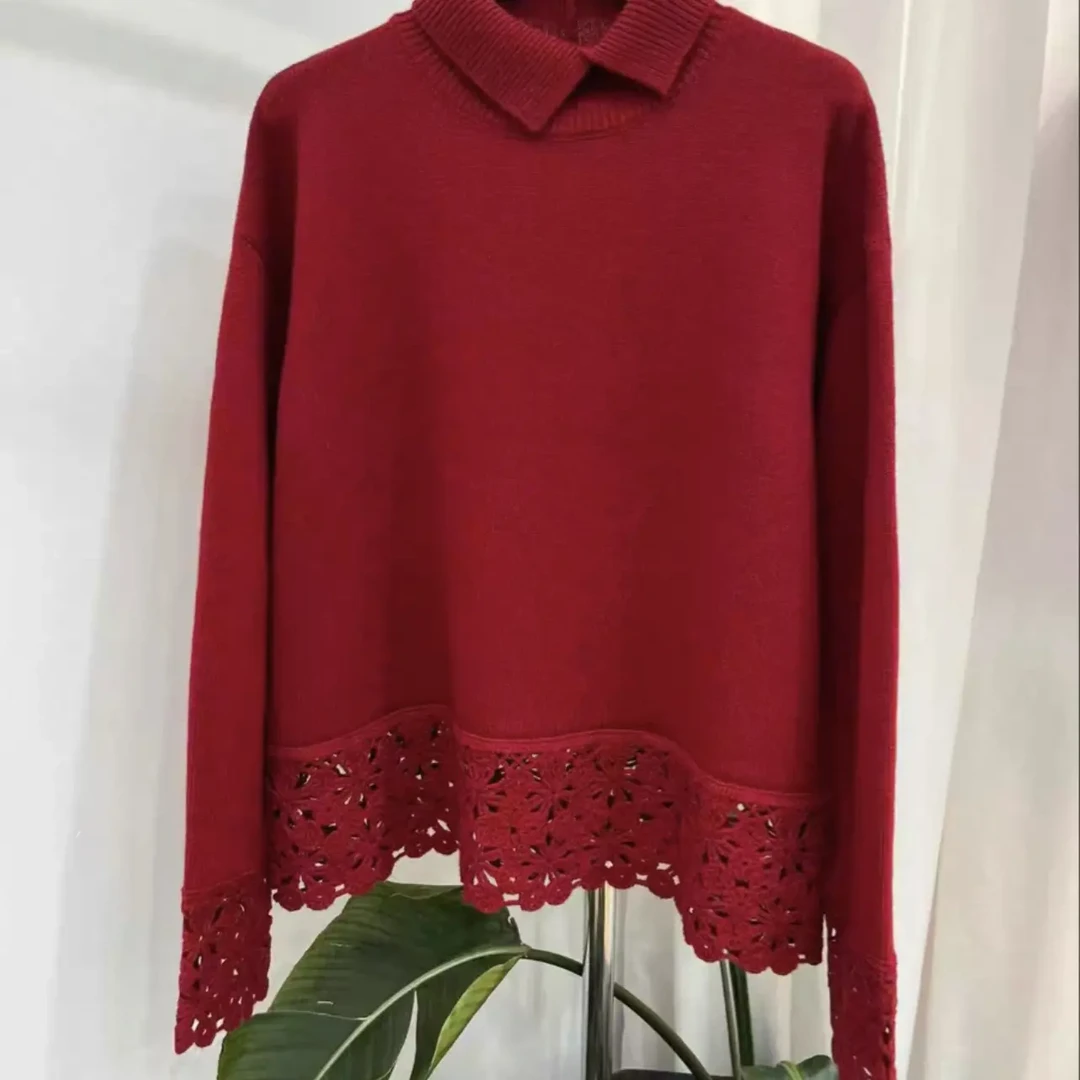 红色钩花镂空宽松修身女士针织打底毛衣