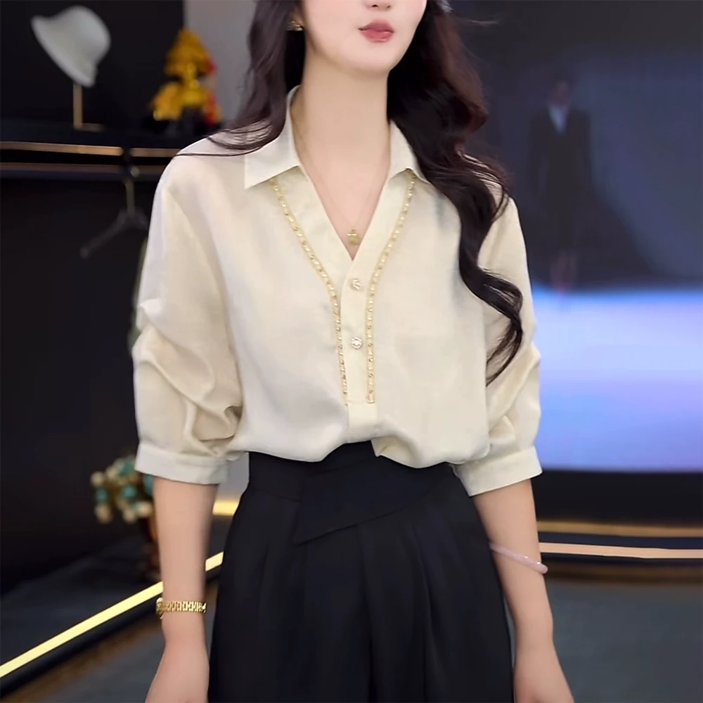 重工钉珠衬衫女夏季2025时尚减龄洋气轻奢高级感翻领气质短袖上衣