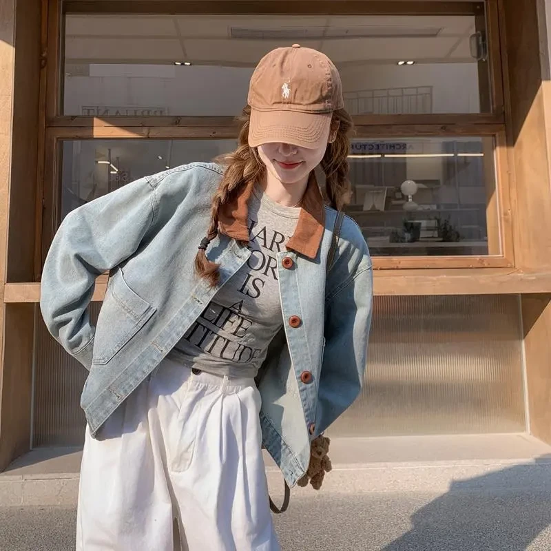 韩系拼接撞色小翻领单排扣牛仔外套女2025秋季新款夹克上衣女981#