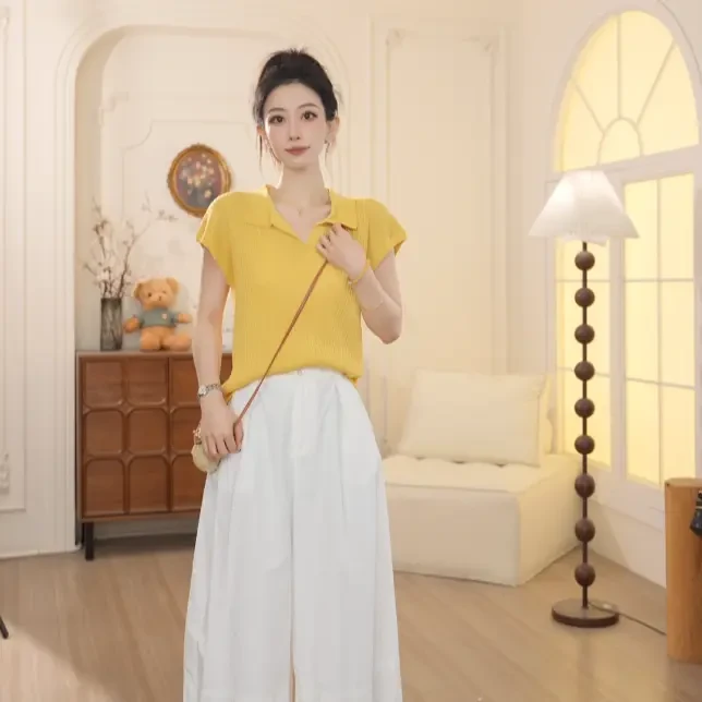 Basic House/百家好TS新款夏季韩系气质多巴胺翻领针织衫女NXD60