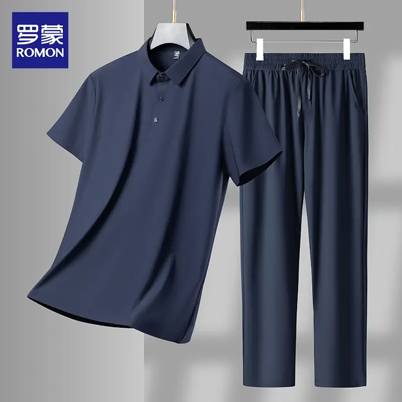 Romon/罗蒙男士高弹超薄夏季无痕短袖两件套薄款男装休闲松紧腰裤