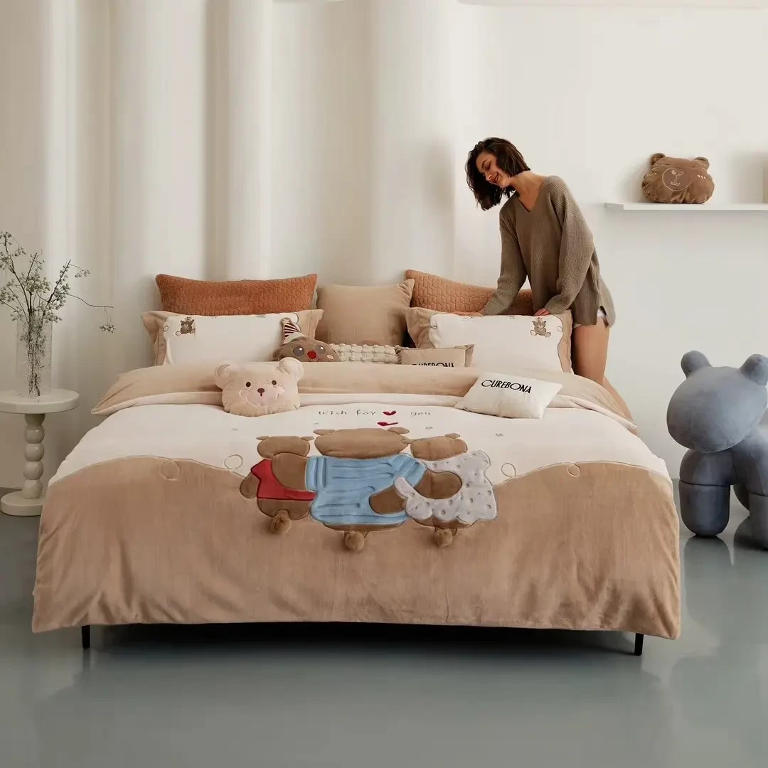 法霜绒重12斤可爱卡通云绒四件套柔软加厚加密保暖