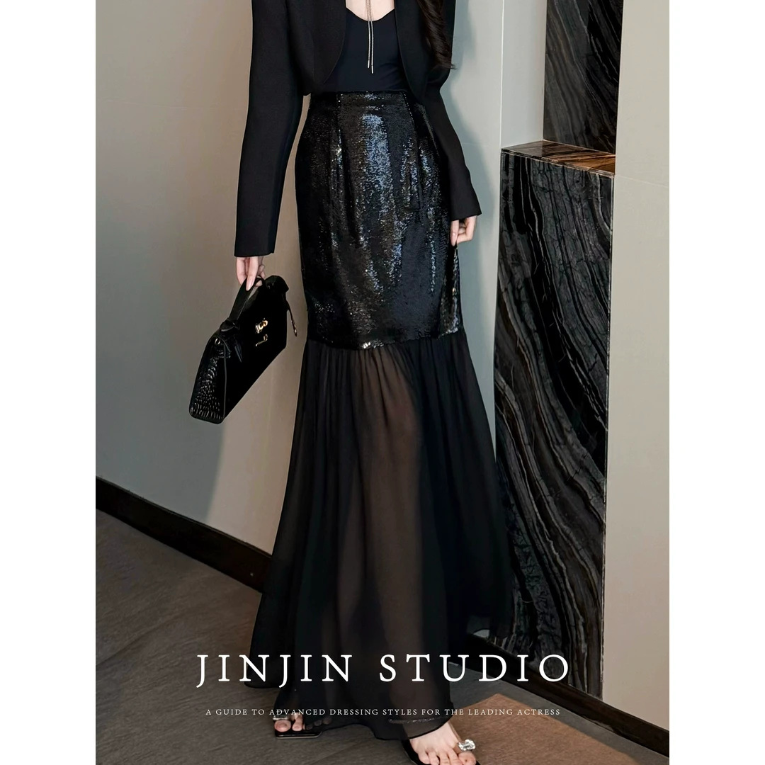 MD进进原创【摩登时尚】2025早春新品拼接网纱高腰长款黑色半身裙