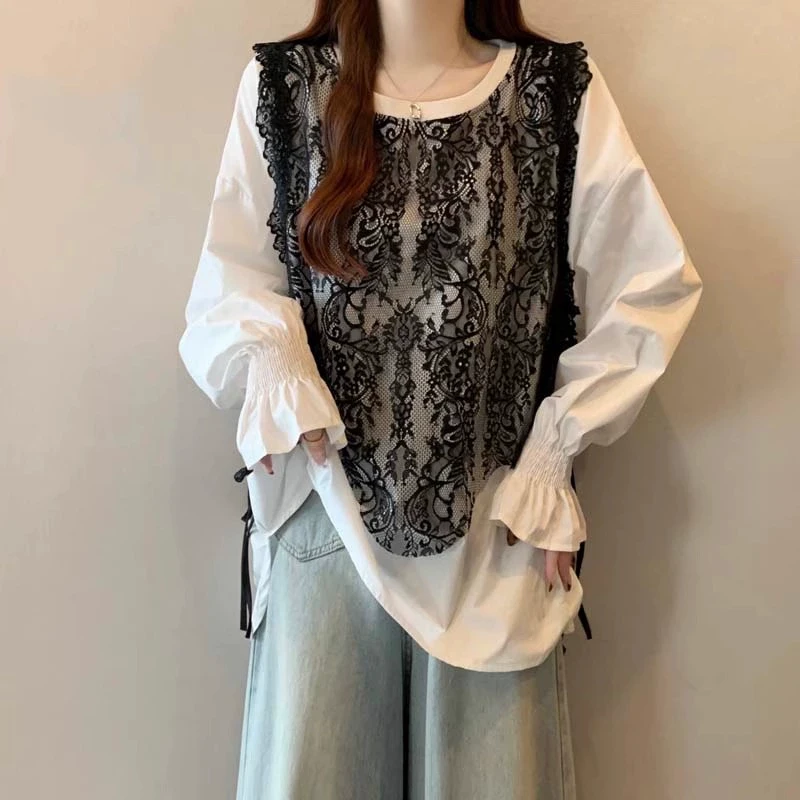 微胖妹妹大码2025春季新款撞色假两件马甲喇叭袖衬衫女蕾丝长袖上