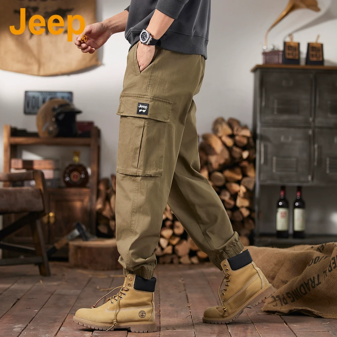 JEEP吉普美式复古工装裤男士春季宽松潮流束脚裤百搭直筒休闲裤子