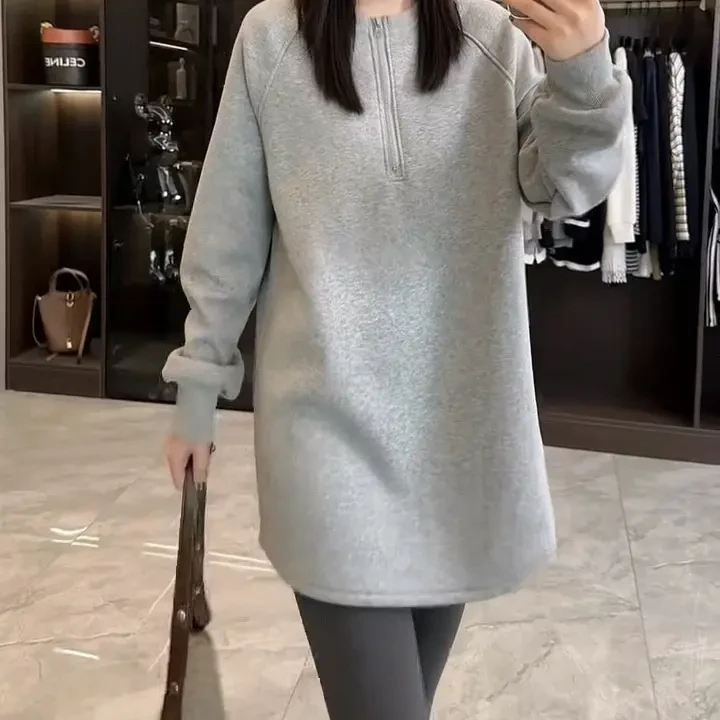 冬季加绒加厚保暖卫衣女半拉链纯色遮肚显瘦时尚减龄中长款上衣女