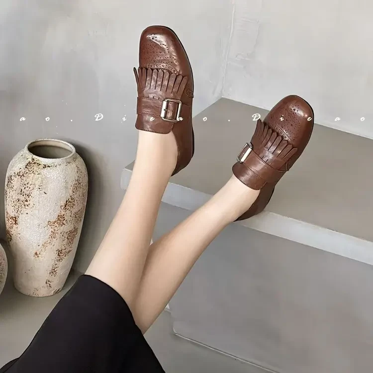 夏季单鞋增高乐福鞋男友风百搭平底布洛克鞋流苏