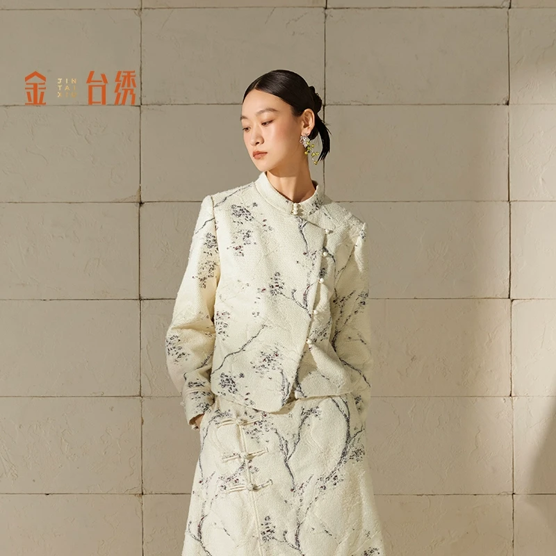 金台绣新中式提花短外套国风水墨印花斜襟盘扣上衣春秋新款S36861