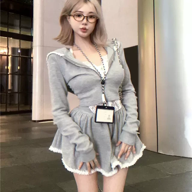 蕾丝拼接连帽短款卫衣外套女春秋纯欲套装a字半身裤裙灰色两件套