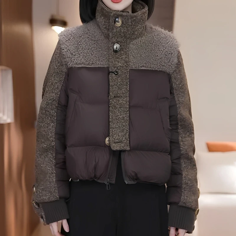 时尚休闲加厚保暖短款棉服女冬季新款洋气减龄撞色拼接立领外套