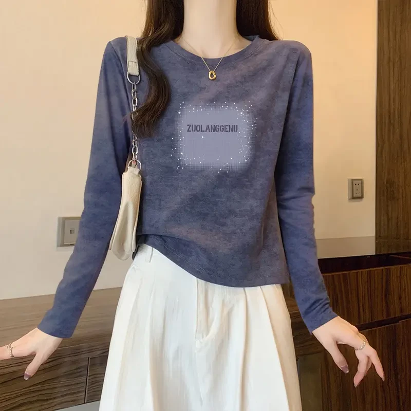 正肩扎染t恤女春秋季2025新款设计感小众纯棉洋气长袖打底衫上衣